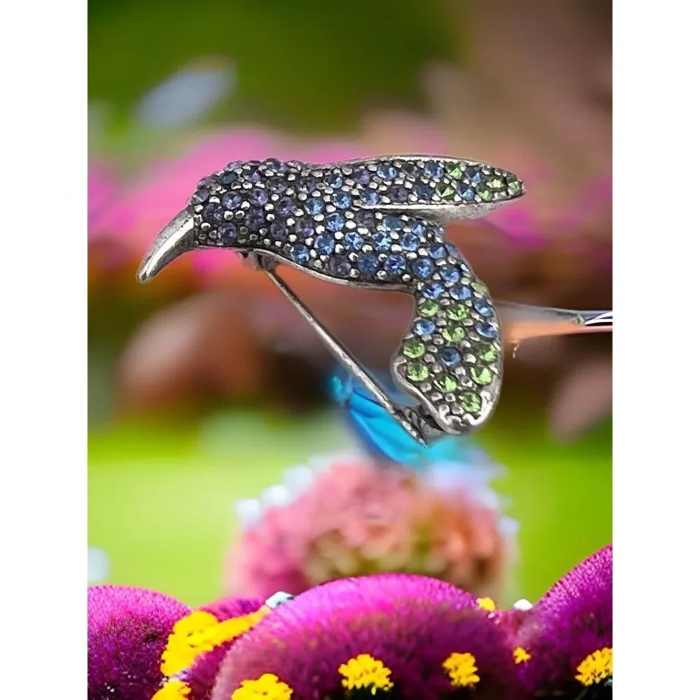 Monet Vtg Hummingbird Brooch Pin Rhinestone Crystal Green Blue Signed! Sparkle!!